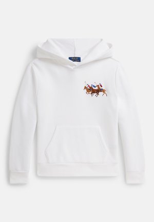 Sweatshirt branco com capuz e bolso frontal, com um bordado de três jogadores de polo a cavalo. Tecido macio, punhos canelados.