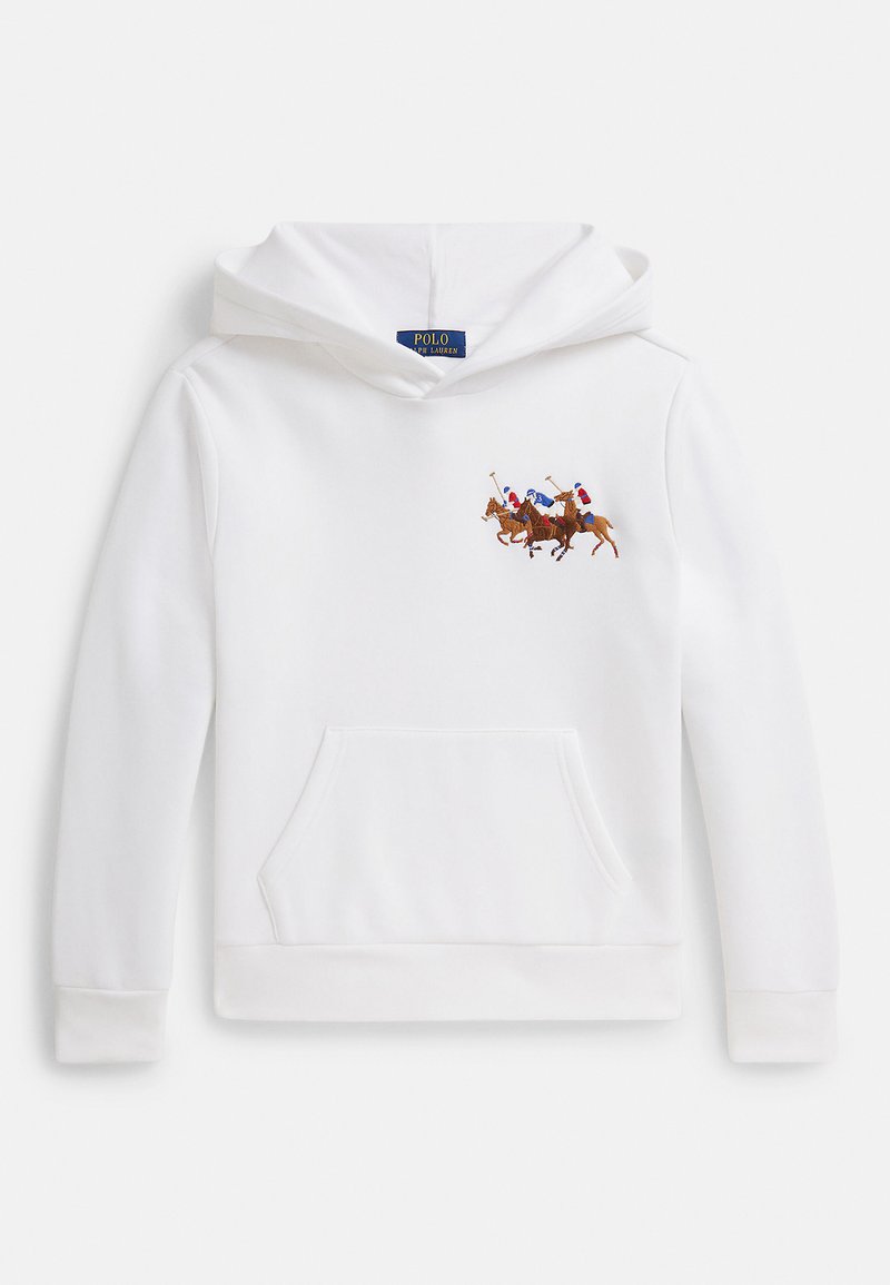 Sweatshirt branco com capuz e bolso frontal, com um bordado de três jogadores de polo a cavalo. Tecido macio, punhos canelados.