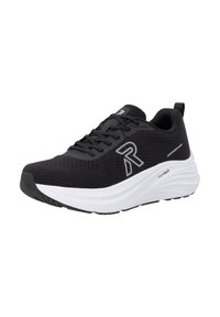 Chaussure de course légère noire avec semelle épaisse blanche, lacets, tige en mesh et logo "R" proéminent sur le côté.