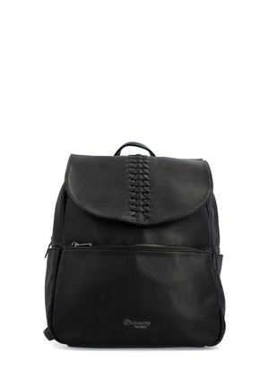 Black leather backpack with a flap and front zipper pocket, featuring woven detail on the flap and a top carrying handle.