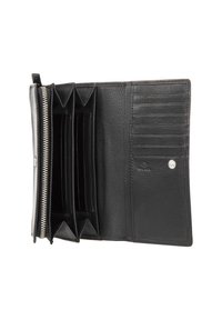 Billetera de cuero negro con cierre de cremallera, múltiples ranuras para tarjetas y compartimentos para billetes. Superficie texturizada y detalle de herrajes en tono plateado visible.