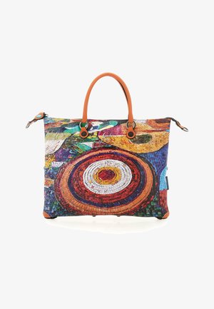 Borsa a tracolla colorata con motivo a mosaico caratterizzato da disegni circolari, completata da manici e dettagli in pelle arancione. Realizzata in materiale resistente.