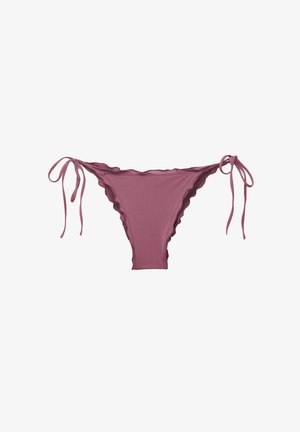 Mauve donji dio badića s naboranim rubovima i podesivim vezicama sa svake strane. Glatka tekstura tkanine, dizajn s minimalnim pokrivanjem.