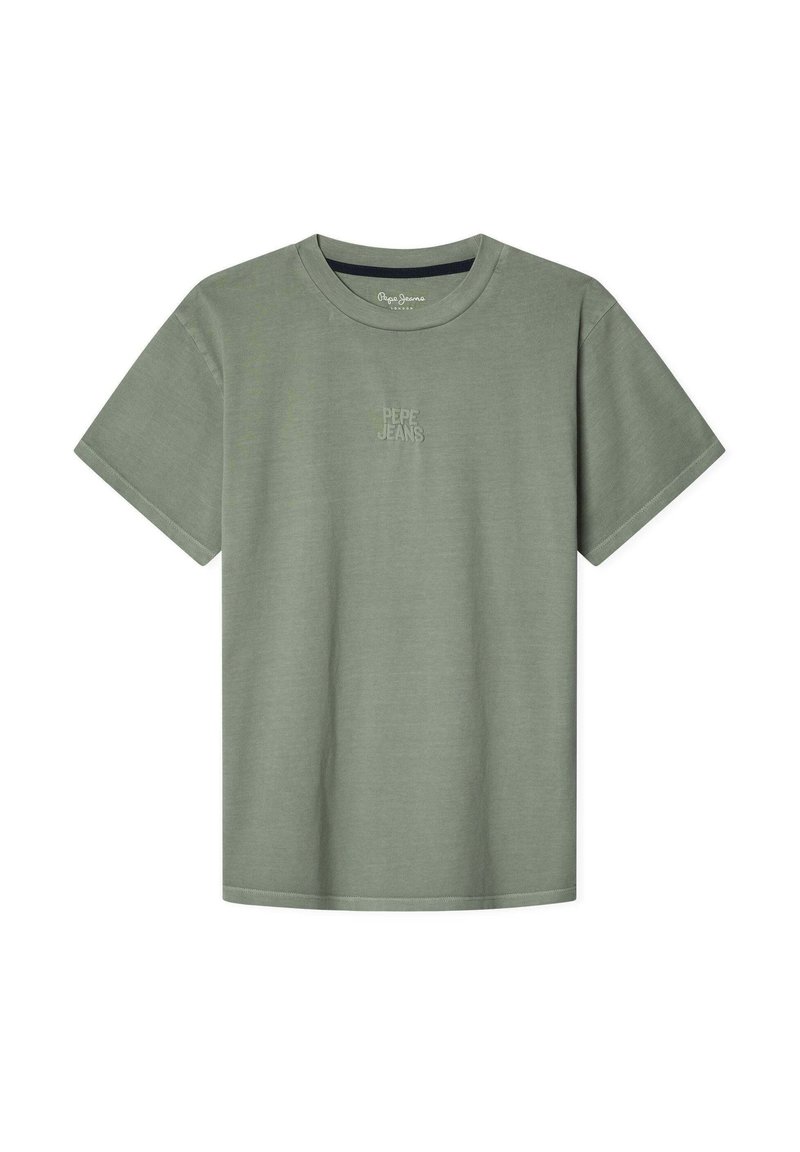 Olivovo zelené bavlnené tričko s krátkymi rukávmi, okrúhlym výstrihom a jemným logom "Pepe Jeans" potlačeným na prednej strane. Hladká textura.