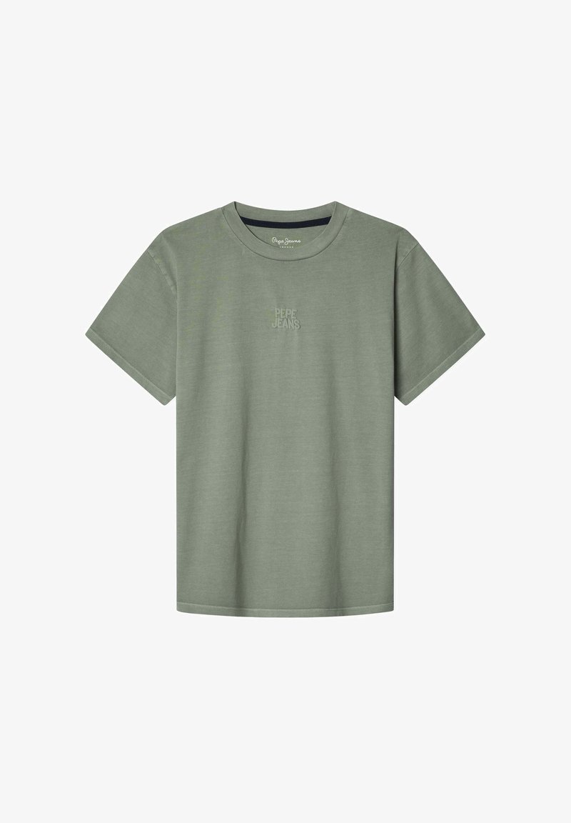 Olivnozeleni bombažni T-shirt s kratkimi rokavi, krožnim izrezom in diskretnim logotipom "Pepe Jeans" natisnjenim spredaj. Gladka tekstura.