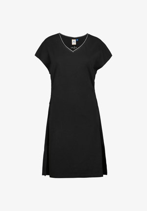 Abito nero a maniche corte con scollo a V, spacchi laterali e cuciture bianche a contrasto lungo lo scollo. Realizzato in tessuto morbido.