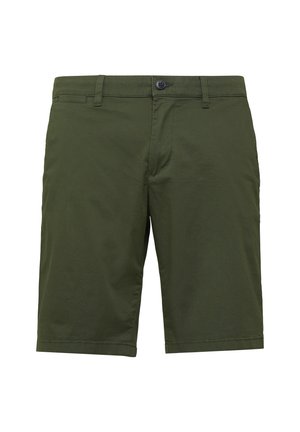 Olijf groene shorts van lichtgewicht stof, met een vlakke voorkant, riemlussen, voorkeurszakken en een knoopsluiting.