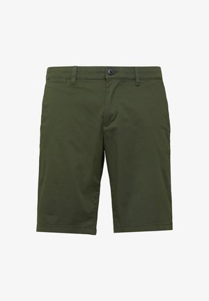 Olijf groene shorts van lichtgewicht stof, met een vlakke voorkant, riemlussen, voorkeurszakken en een knoopsluiting.