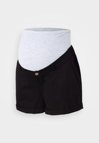 Sorte mammisshorts med grå stretchliv. Funksjoner inkluderer frontlommer, knappelukking og rullet ermer for en avslappet passform.