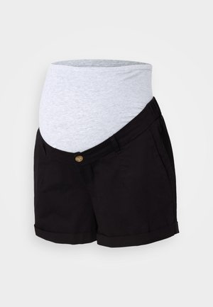 Schwarze Schwangerschafts-Shorts mit einem grauen Stretchbund. Zu den Merkmalen gehören Fronttaschen, ein Knopfverschluss und umgeschlagene Säume für eine lockere Passform.