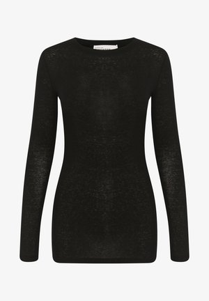 Schwarzes Langarmoberteil aus einem transparenten, leichten Stoff. Verfügt über einen runden Halsausschnitt und eine figurbetonte Silhouette ohne sichtbare Muster oder Akzente.