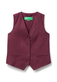 Bezrękawnik o dopasowanym kroju w kolorze śliwkowym z czterema guzikami z przodu, dwoma kieszeniami w szwach i zieloną metką "United Colors of Benetton" wewnątrz kołnierza.