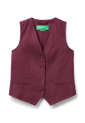 Bezramenný přizpůsobený vestón v švestkové barvě se čtyřmi předními knoflíky, dvěma šikmými kapsami a zelenou nálepkou "United Colors of Benetton" uvnitř límce.