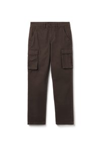 Braune Cargo-Hose aus Baumwolle, ausgestattet mit zwei seitlichen Taschen und zwei großen Cargo-Taschen an jedem Bein. Gerades Bein-Design, glatte Textur.