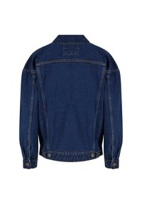 Giacca in denim blu scuro vista da dietro con maniche a bottone e fasce laterali regolabili in vita.
