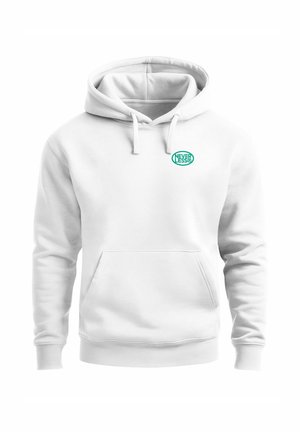 Weißes Kapuzen-Sweatshirt mit Fronttasche und grünem "NEVER LESS" Logo auf der linken Brust.