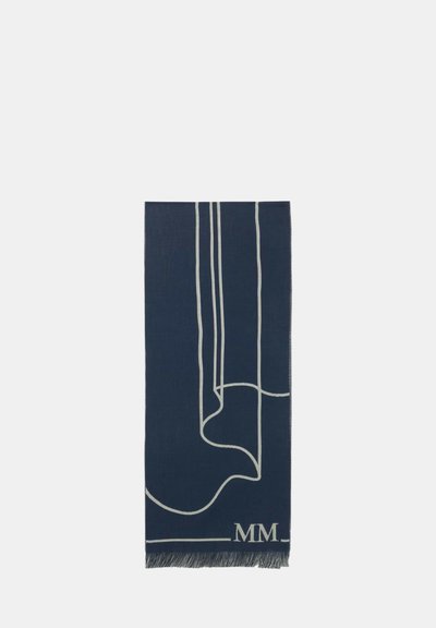 Diepblauwe sjaal met een witte abstracte lijnontwerp, zachte textuur en franjes aan de onderkant, met een klein "MM" label.
