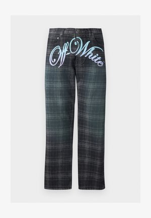 Pantalon à carreaux noirs et gris à jambes larges, avec un grand lettrage dégradé "Off-White" au niveau de la taille à l'avant.