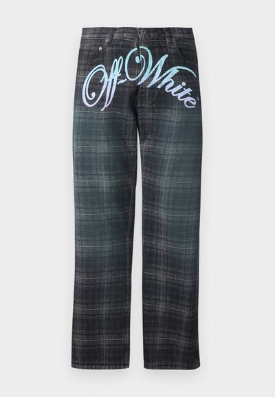 Μαύρο και γκρι καρό παντελόνι με φαρδιά μπατζάκια, με μεγάλο διαβαθμισμένο κείμενο "Off-White" στην μπροστινή περιοχή της μέσης.