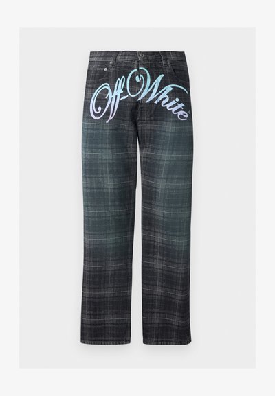Μαύρο και γκρι καρό παντελόνι με φαρδιά μπατζάκια, με μεγάλο διαβαθμισμένο κείμενο "Off-White" στην μπροστινή περιοχή της μέσης.