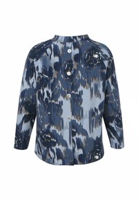 Blauw bloemenpatroon overhemd met lange mouwen, ronde halslijn en knoopsluiting aan de achterkant. Zachte stof met een gladde textuur.