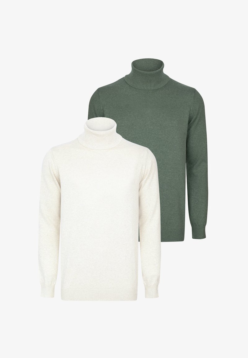 Zwei Rollkragenpullover: einer in Creme und einer in Dunkelgrün. Beide haben lange Ärmel, gerippte Halsausschnitte und einen weichen, strukturierten Stoff.