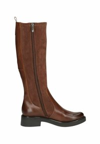 Botte marron hauteur genou avec un bout en cuir lisse et une tige en daim texturé. Détail de fermeture éclair sur le côté et un petit talon carré.