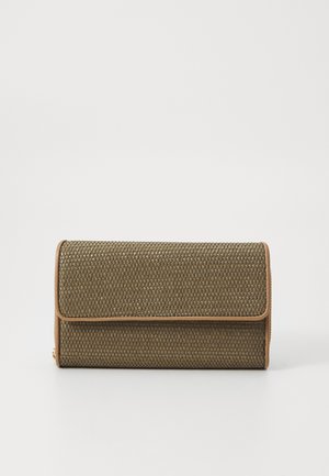 Textured olive green clutch wallet with a fold-over flap and tan edging, featuring a zipper closure and woven material design.