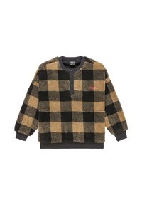 Bruine en zwarte geblokte fleece pullover met een ronde halslijn en knopenlijst; beschikt over ribgebreide manchetten en zoom voor een perfecte pasvorm.