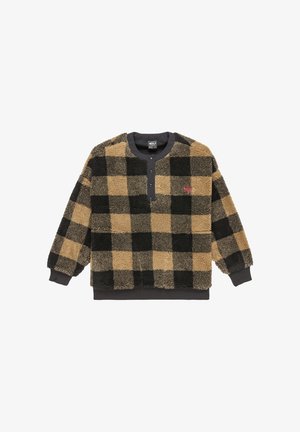 Bruine en zwarte geblokte fleece pullover met een ronde halslijn en knopenlijst; beschikt over ribgebreide manchetten en zoom voor een perfecte pasvorm.