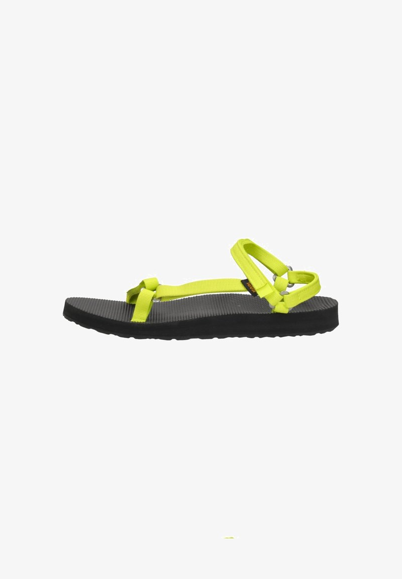 Sandalias de goma con una base negra texturizada, correas amarillas brillantes y hebillas ajustables para un ajuste seguro. Diseño ligero y minimalista.