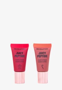 Två tuber av Revolution Juicy Peptide glansigt läppbalsam. Den ena är mörkrosa och den andra är ljusrosa, båda med glansig yta och plastkåpor.