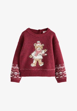 Pulover roșu tricotat, cu o textură pufoasă, având un design cu un urs și modele de fulgi de zăpadă pe mâneci. Guler rotund și manșete cu aspect rib.