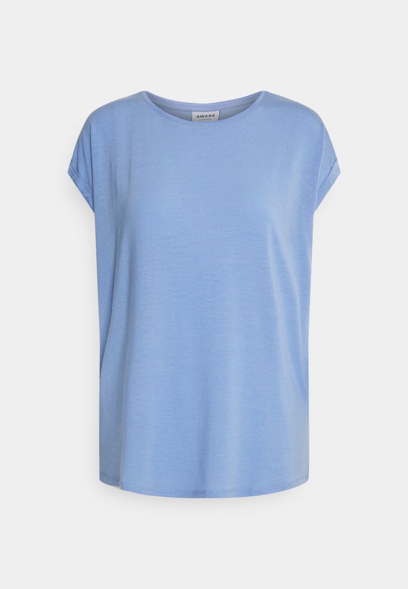 T-shirt bleu clair à manches courtes avec un col rond et un petit détail de revers plié sur les manches.