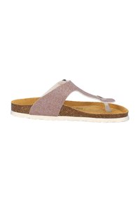 Glitter-accented flip-flop sandal with a beige cork footbed, light pink straps, and a white rubber sole. Features a smooth texture.