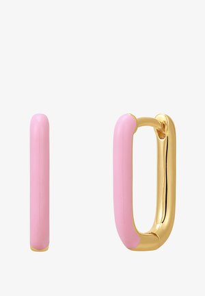 Pink ceramic hoop earrings with a smooth texture, featuring gold-tone metal accents and an elongated oval shape.