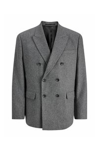 Hallikas topeltrinnaline pintsak tekstuurse kangaga, millel on mustad nupud, sisselõikega krae ja kaks esist taskut.