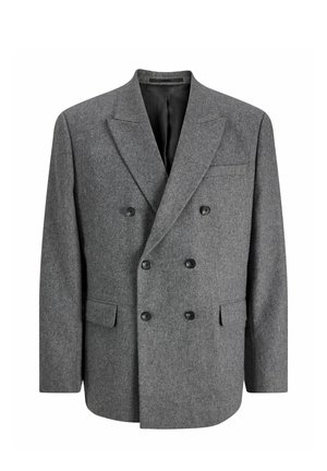 Pelēks dubultpogātas žakete no teksturētas auduma, ar melnām pogām, izgrieztu atloku un divām priekšējām kabatām.