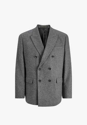 Pelēks dubultpogātas žakete no teksturētas auduma, ar melnām pogām, izgrieztu atloku un divām priekšējām kabatām.