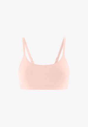 Hellrosa nahtloser BH mit dünnen, verstellbaren Trägern und glattem Finish, entworfen für Komfort und den täglichen Gebrauch.
