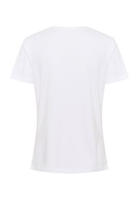 Vit bomullströja, kort ärmar, rundad hals, enkel design, mjuk textur, inga synliga mönster eller detaljer, sedd från baksidan.