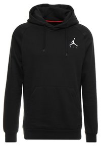 Sudadera con capucha negra, hecha de un tejido suave, con un bolsillo canguro, logotipo blanco en el pecho y cordones para un ajuste ajustable.