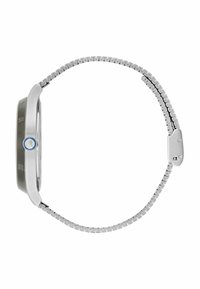 Sidabrinis metalinis laikrodis su lygiu, apvaliu korpusu ir tamsiu ciferblatu. Išskirtinė mėlyna vainikėlio detalė ir integruota grandinėlės dizainas.