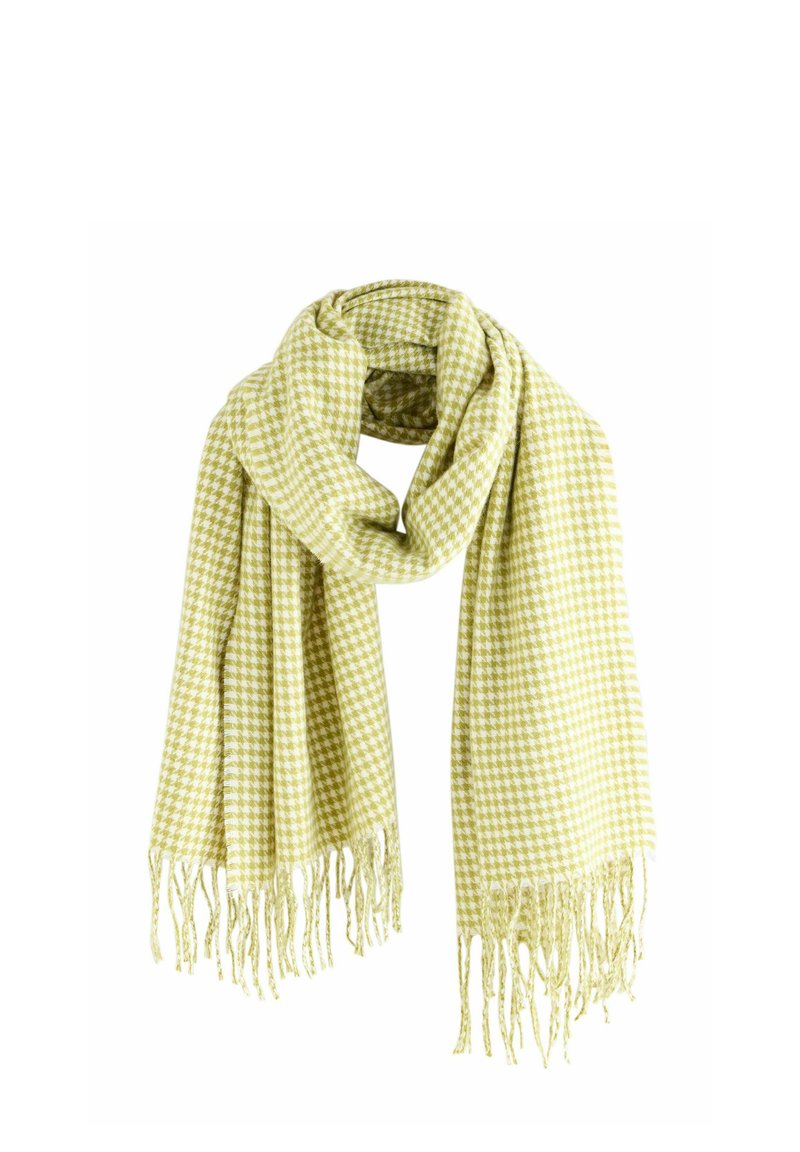 Écharpe à motif pied-de-poule vert, fabriquée en tissu doux, avec des bords frangés et un design drapé. Mesure environ 70x30 pouces.