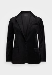 Blazer in velluto nero con rever a punte, chiusura a un bottone, due tasche frontali e foderato internamente in modo liscio. Design classico e su misura.