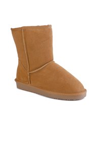 Tan suede ankle boots with a rounded toe and rubber sole, featuring visible stitching accents and a smooth, soft texture.