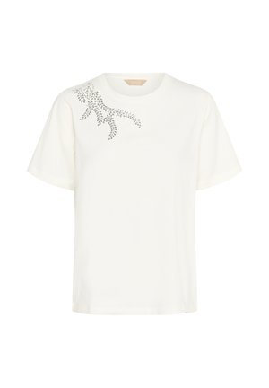 T-shirt blanc avec des manches courtes, un col rond et des embellissements floraux argentés sur l'épaule gauche. Tissu en coton doux.