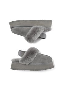 Gray suede slip-on slippers featuring a plush gray faux fur collar, textured sole, and a flat platform design with a back strap.