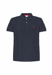Polo shirt blu navy in cotone, caratterizzato da una patta con due bottoni, maniche corte e un logo rosso ricamato sul petto.