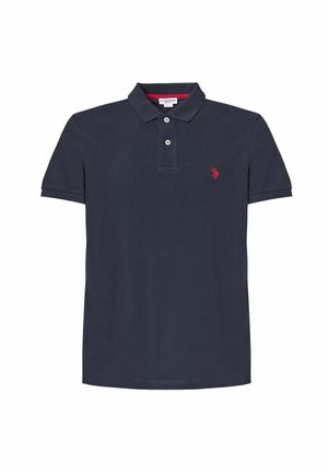 Polo shirt blu navy in cotone, caratterizzato da una patta con due bottoni, maniche corte e un logo rosso ricamato sul petto.